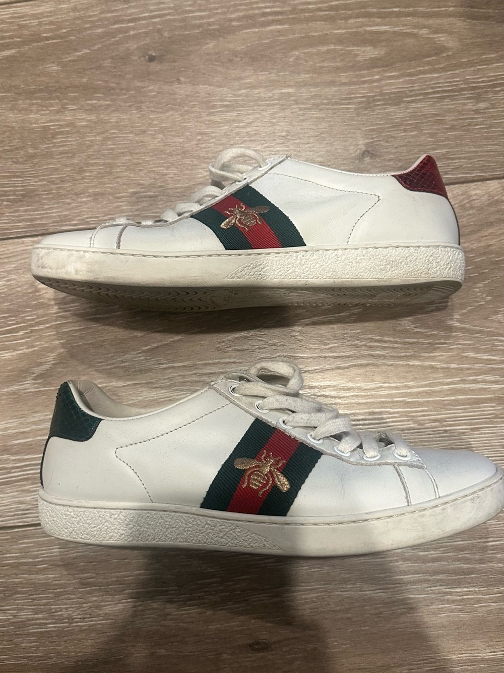 Gucci White Leather Sneakers with Red & Green Web and Gold Bee